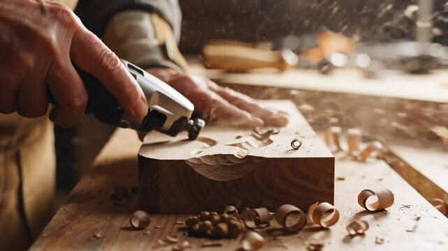 Artisan carving a wooden block with a rotary tool, creating wood shavings and detailed artwork