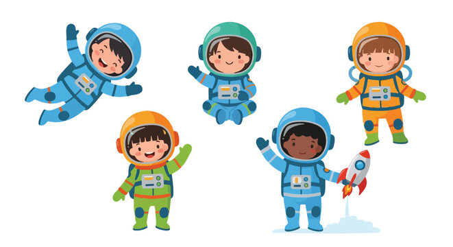 Flat vector illustration set of child astronauts in colorful space suits, shown playing and exploring space in a child-friendly cartoon style.