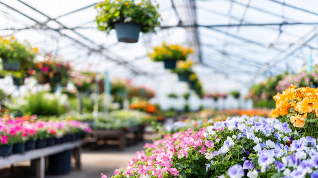 Rows of blooming annuals and hanging baskets filling a commercial greenhouse, growing fresh flowers for sale