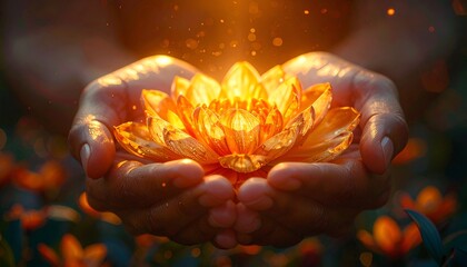 Hands Holding Glowing Lotus Flower.