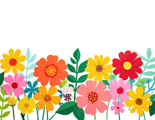 Colorful illustrated border featuring various stylized flowers and leaves against a black background