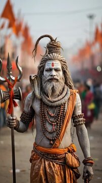 Senior Indian male ascetic sadhu dressed as Hindu deity Lord Shiva with ash covered skin, matted hair, and trident walking through a crowded religious festival street