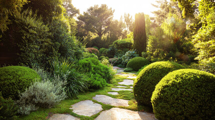 Obraz premium Lush green garden path winding through manicured hedges and vibrant plants under bright sunlight