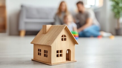 Wooden House Model Displayed on Floor with Family in the Background, Warm and Inviting Atmosphere