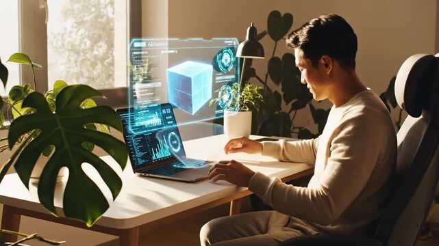 Young Asian man using holographic display in modern home office