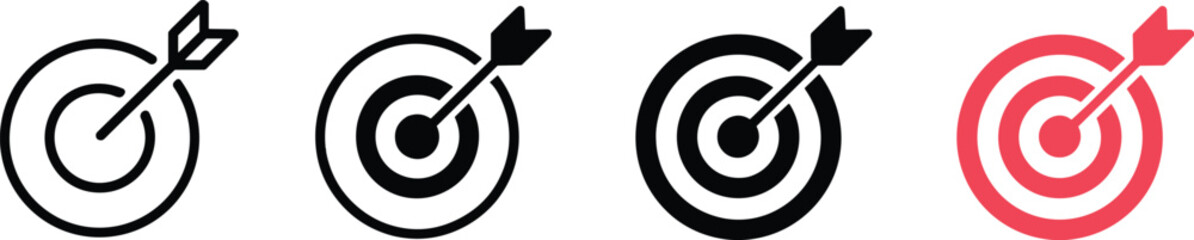 Target icons with bullseye and arrow in outline, bold, solid black, and red styles, accuracy and achievement symbols for goal setting and performance design