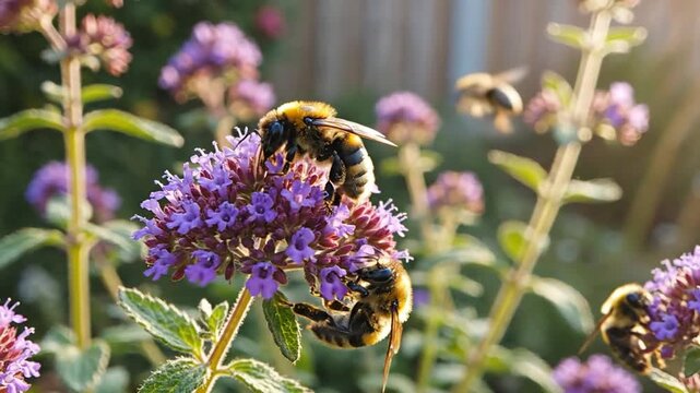 Bumblebees pollinating a vibrant purple flower in a sunny garden with other buzzing insects