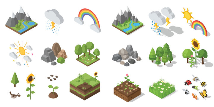 Isometric vector illustration set of nature and environment elements. Includes mountains, rivers, lakes, clouds, sun, rain, lightning, rainbow, rocks, trees, plants, soil, grass, flowers, sunflower