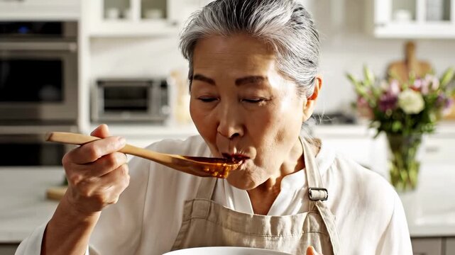 Senior woman tastes homemade food in bright kitchen. She looks at camera while enjoying meal preparation. Concept of cooking, family gatherings, culinary arts