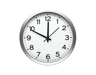 A classic analog clock with a silver bezel, white face, and black hands. Shows time near ten