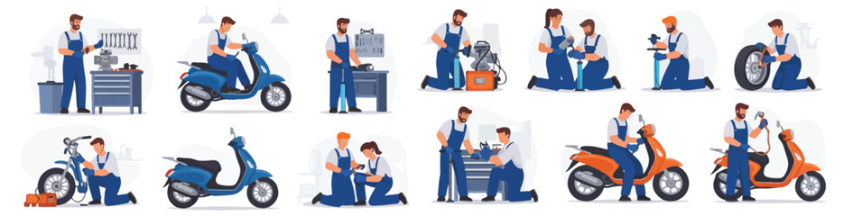 Fototapeta premium Flat vector illustration set of mechanics repairing and servicing motorcycles and scooters in a modern, clean cartoon style.