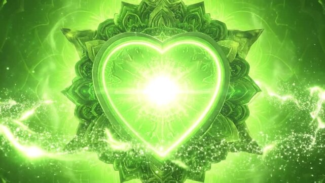Radiant green heart chakra symbol glowing with energy, representing love and compassion.