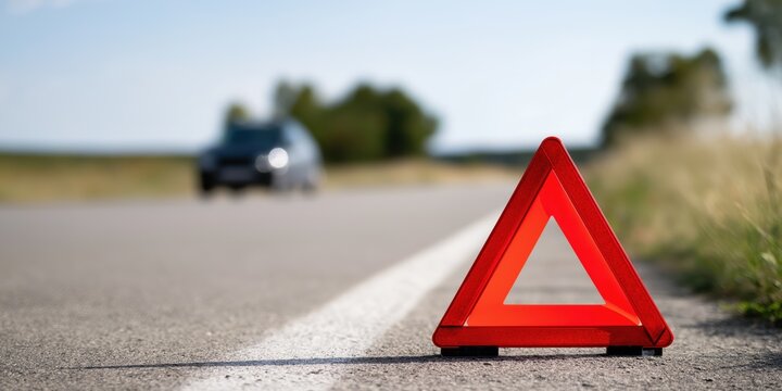 Red warning triangle on roadside with blurred car in background  