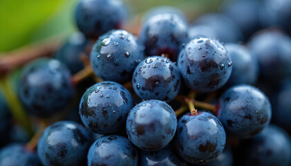 Fototapeta premium Macro shot of fresh dark blue Concord grapes covered in water droplets. Healthy fruit bunch shows fine detail on grape skin. Organic produce is ripe and wet.