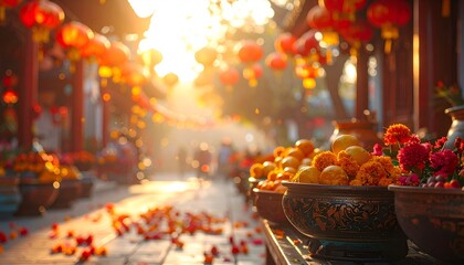 Vibrant Chinese Street Market at Sunrise.