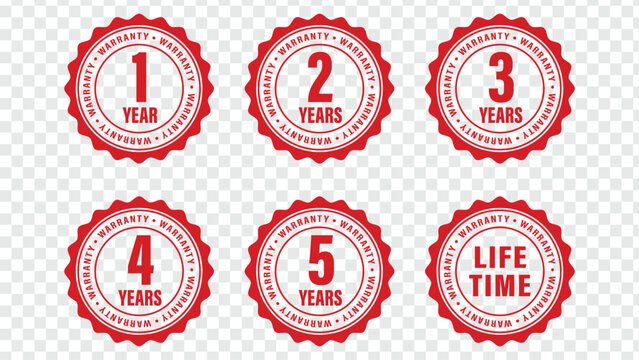 Red circular warranty badges for 1, 2, 3, 4, 5 years, and lifetime guarantees, perfect for product marketing.