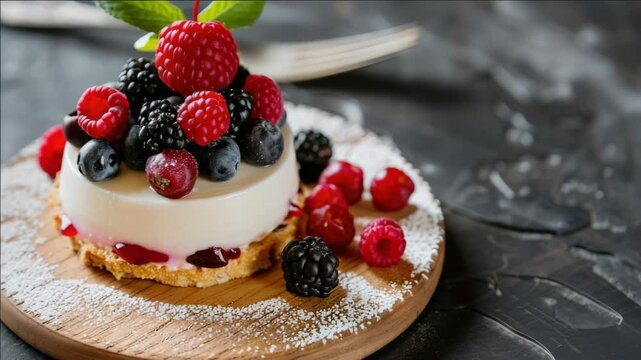 A scrumptious dessert featuring a layer cake with whipped cream and berries on top.