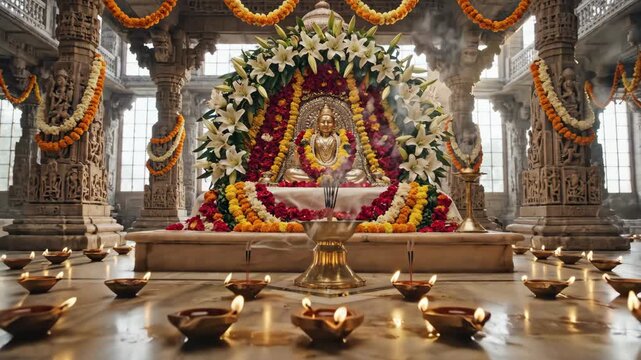 Elegant Diwali celebration with beautifully decorated idol in temple surrounded by floral arrangements. Diwali festivities include vibrant lights and traditional rituals,