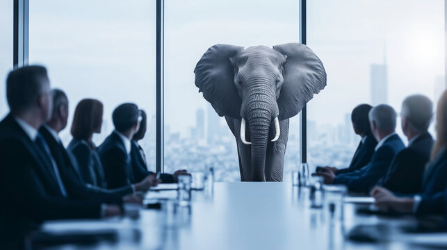 Elephant in the room concept during corporate meeting, business people discussing large obvious problem