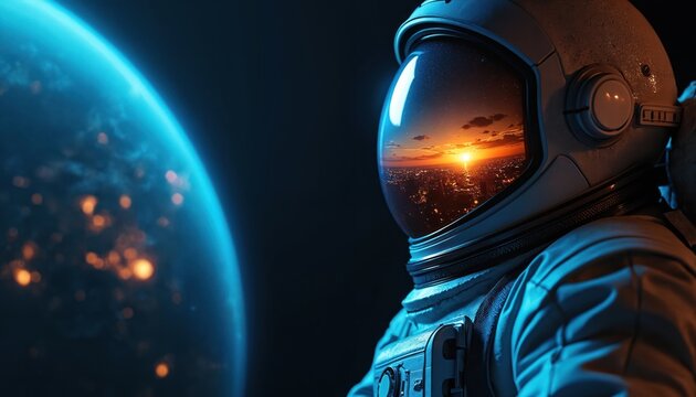 Astronaut in white suit looks at planet Earth from dark space. Helmet visor reflects city lights at sunset horizon. Futuristic exploration, travel, and science concept.