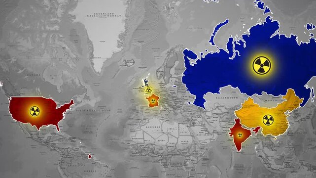 Global map animation of nuclear weapon powers and military threat zones