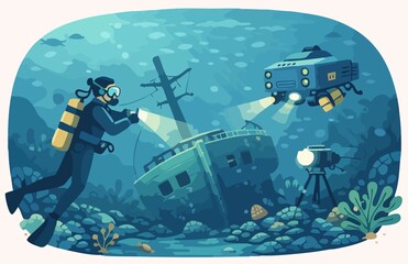 Fototapeta premium Scuba Diver and Underwater Robot Exploring Shipwreck