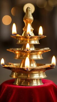 Traditional Indian Tiered Brass Oil Lamp with Multiple Lit Wicks Placed on Red Velvet Cloth, Decorative Diya for Diwali Festival and Hindu Religious Ceremonies