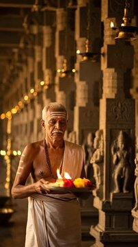 Elderly Indian Hindu priest with white tilak markings holding a ceremonial puja plate with flowers and oil lamps inside a traditional stone temple with carved pillars