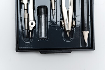 Drawing tools set in a black case for art and design tasks