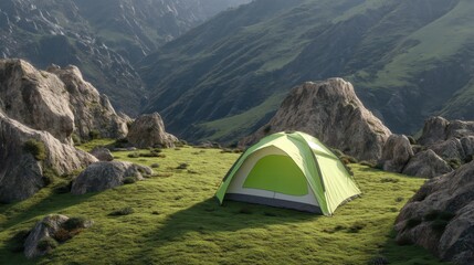 Green Tent Nestled in Majestic Mountains Under a Clear Blue Sky Surrounded by Rocky Terrain and Lush Grass