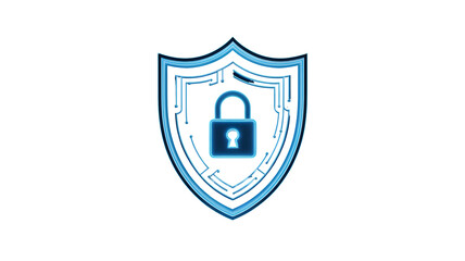 Glowing blue digital shield with a padlock symbol representing cybersecurity data protection and digital safety isolated on transparent background