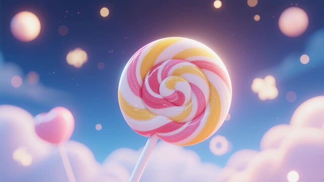 A delicious rainbow spiral lollipop swirls with bright candy colors on a stick, isolated against a clear blue sky background for a sweet sense of childhood fun