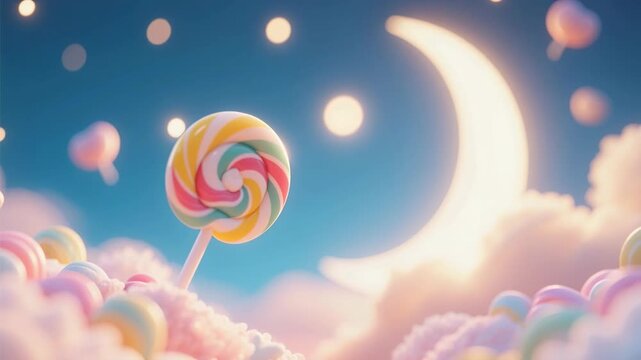 A happy little girl holds a bright colorful swirl lollipop on a stick, enjoying a delicious sweet sugar candy dessert with a red and white rainbow spiral