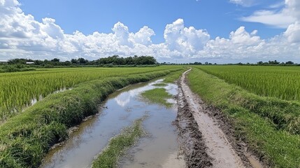 Fototapeta premium Rural farmland path amidst paddy fields under a vast sky