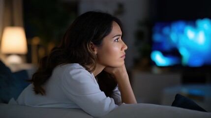 Young woman watching television thoughtfully in a dimly lit living room  