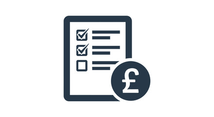Financial task completion checklist represented by a clipboard icon with a British pound currency symbol