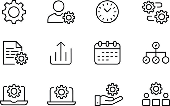 Set of black line process management icons on transparent background depicting settings and procedures