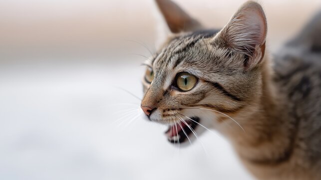 Tabby cat meowing with open mouth on neutral background  