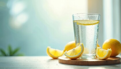 Fototapeta premium Fresh lemon drink with citrus slices in glass. Yellow fruits and water with bubbles create refreshment. Healthy beverage for hot summer day.