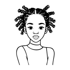 Dibujo sencillo con líneas de una chica joven de raza negra con camiseta y peinado afro  © teracreonte