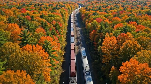 Aerial view shows a passenger train and a freight train running through a forest in autumn.