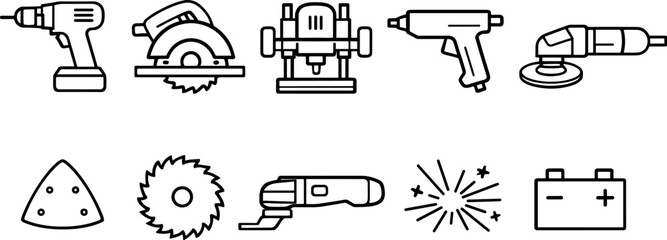Collection of line art icons representing various power tools and related items for DIY and construction