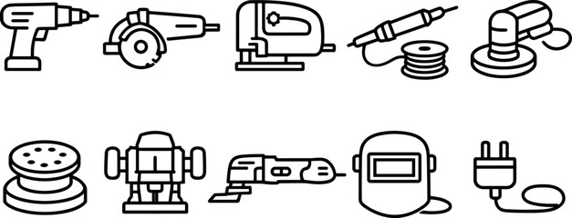 Collection of line art icons representing various power tools and safety equipment for construction