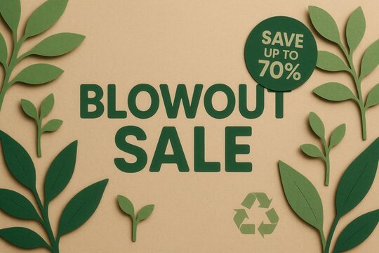 Eco-friendly BLOWOUT SALE banner with SAVE UP TO 70% discount offer, natural paper style, impactful retail promotion.
