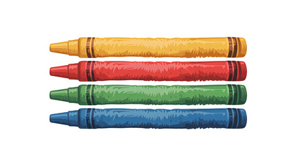Four brightly colored wax crayons digitally illustrated and neatly stacked horizontally showcasing vivid yellow red green and blue shades as essential