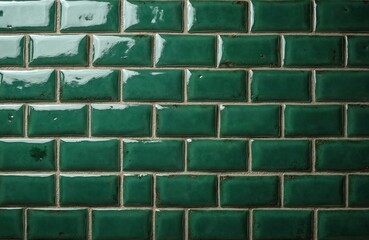 Glossy green ceramic subway tiles form a wall surface. The textured grout between the rectangular tiles creates a classic, elegant pattern. This background suits home decor and design projects.