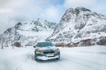 Amazing snowy winter scene of  Vestvagoy island with snowy  mountain peaks on Lofoten Islands . © pilat666