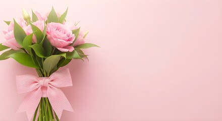Fototapeta premium Pink tulips bouquet with ribbon on pastel background