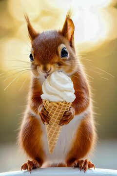 A close-up of a squirrel holding a vanilla ice cream cone in its paws and smiling happily in a blurred background, representing the concept of summer and joy.	