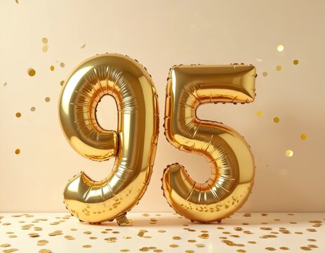 Golden number 95 balloons float in studio. Confetti sprinkles down on festive occasion background. Celebrate milestone event, special anniversary, or company jubilee.